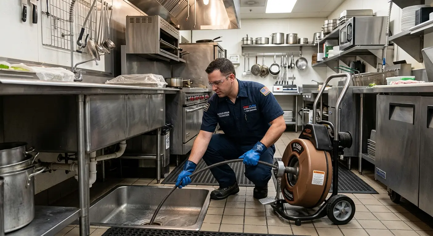 Commercial drain cleaning service in a restaurant kitchen in New Britain