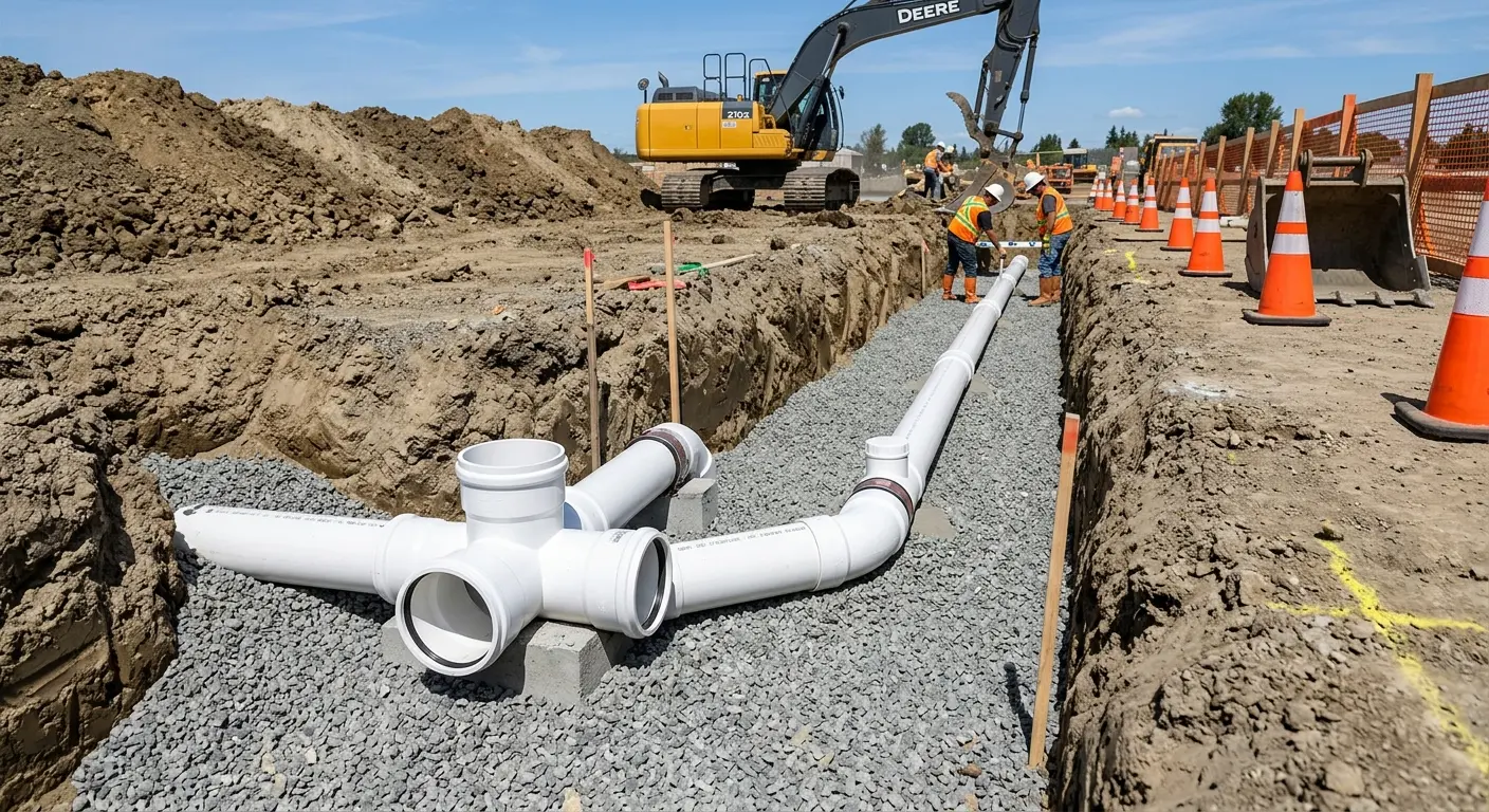 New PVC sewer pipe installation in open trench for Commercial Drain Cleaning in New Britain