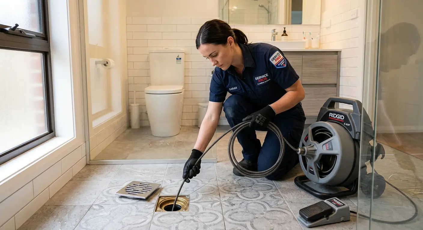 Technician clearing a bathroom floor drain for Sewer Line Replacement in New Britain